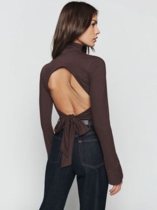 Reformation Zaire Knit Top in Mole ~ women’s turtleneck open tie back tops ~ twist front detail