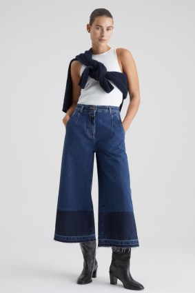 CLOSED A BETTER BLUE Leira Denim Culottes Dark Blue / tonal cropped wide leg jeans / colourblock fringed hem culotte trousers / women’s casual sustainable fashion - flipped