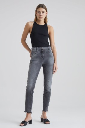 CLOSED A BETTER BLUE Skinny Pusher Mid Grey / high waist cropped fringed hem skinnies / women’s distressed crop leg jeans - flipped