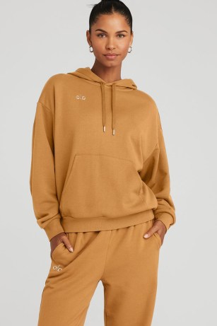 Alo Yoga ACCOLADE HOODIE in TOFFEE ~ women’s light brown / camel pullover hoodies ~ womens sportswear inspired hooded tops - flipped