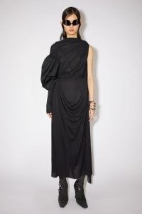 Acne Studios ASYMMETRIC KNOTTED SCARF DRESS in Black ~ one sleeve gathered detail dresses ~ contemporary asymmetrical fashion