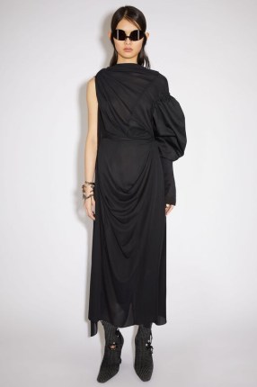 Acne Studios ASYMMETRIC KNOTTED SCARF DRESS in Black ~ one sleeve gathered detail dresses ~ contemporary asymmetrical fashion - flipped