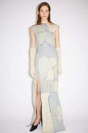 Acne Studios DENIM PATCHWORK DRESS in Light sand ~ contemporary fashion ~ sleeveless maxi dresses ~ frayed edges ~ slit hem - flipped