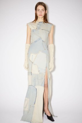 Acne Studios DENIM PATCHWORK DRESS in Light sand ~ contemporary fashion ~ sleeveless maxi dresses ~ frayed edges ~ slit hem