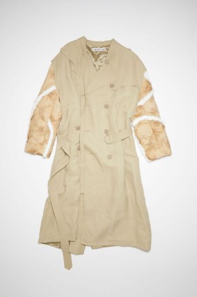 Acne Studios DOUBLE-BREASTED PATCHWORK TRENCH COAT in Dusty beige | women’s contemporary belted textured sleeved coats | womens modern classic outerwear | quilted sleeves - flipped