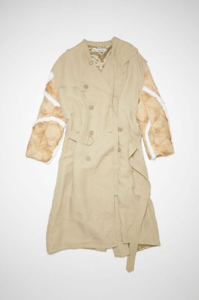 Acne Studios DOUBLE-BREASTED PATCHWORK TRENCH COAT in Dusty beige | women’s contemporary belted textured sleeved coats | womens modern classic outerwear | quilted sleeves