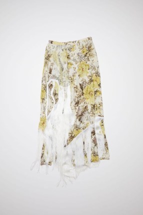 Acne Studios FLOWER PRINT FRINGE SKIRT in BEIGE | floral fringed asymmetric hemline skirts - flipped
