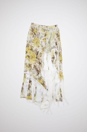 Acne Studios FLOWER PRINT FRINGE SKIRT in BEIGE | floral fringed asymmetric hemline skirts