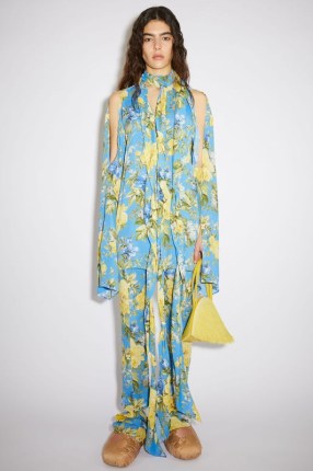 Acne Studios FLOWER PRINT TIE-UP BLOUSE in Blue ~ longline relaxed fit slit sleeved blouses - flipped