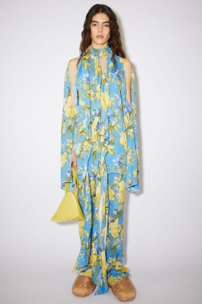 Acne Studios FLOWER PRINT TIE-UP BLOUSE in Blue ~ longline relaxed fit slit sleeved blouses