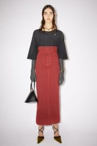 Acne Studios HIGH WAIST DENIM MAXI SKIRT in Bright Red ~ long length pencil skirts ~ back slit