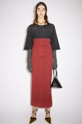 Acne Studios HIGH WAIST DENIM MAXI SKIRT in Bright Red ~ long length pencil skirts ~ back slit - flipped