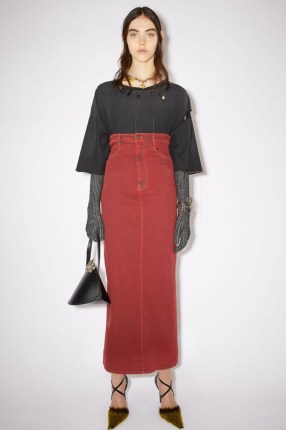 Acne Studios HIGH WAIST DENIM MAXI SKIRT in Bright Red ~ long length pencil skirts ~ back slit