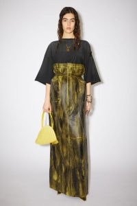 Acne Studios HIGH WAIST LEATHER MAXI SKIRT Yellow/black ~ belted super high waisted long length skirts ~ back slit ~ paperbag