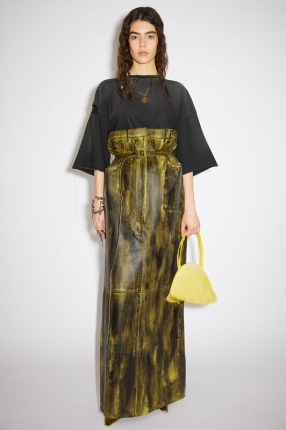 Acne Studios HIGH WAIST LEATHER MAXI SKIRT Yellow/black ~ belted super high waisted long length skirts ~ back slit ~ paperbag - flipped