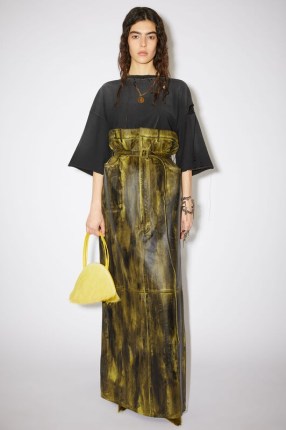 Acne Studios HIGH WAIST LEATHER MAXI SKIRT Yellow/black ~ belted super high waisted long length skirts ~ back slit ~ paperbag