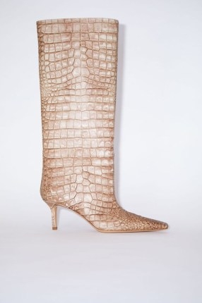 Acne Studios LEATHER EMBOSSED HEELED BOOTS in Powder pink ~ luxe croc effect knee high boot - flipped
