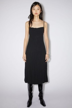 Acne Studios SATIN STRAPPY DRESS in Black ~ spaghetti shoulder strap fashion ~ crinkled fabric midi dresses ~ skinny straps - flipped