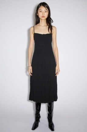 Acne Studios SATIN STRAPPY DRESS in Black ~ spaghetti shoulder strap fashion ~ crinkled fabric midi dresses ~ skinny straps
