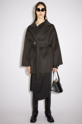 Acne Studios SINGLE-BREASTED ASYMMETRIC COAT in Charcoal grey ~ women’s tie waist wool coats ~ drop shoulder design - flipped