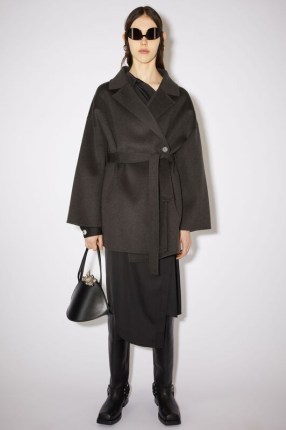 Acne Studios SINGLE-BREASTED ASYMMETRIC COAT in Charcoal grey ~ women’s tie waist wool coats ~ drop shoulder design
