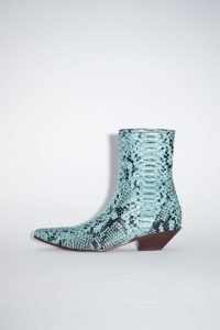 Acne Studios SNAKE PRINT LEATHER ANKLE BOOTS in Light blue ~ women’s western inspired footwear ~ animal prints ~ cuban heels