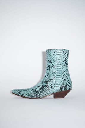 Acne Studios SNAKE PRINT LEATHER ANKLE BOOTS in Light blue ~ women’s western inspired footwear ~ animal prints ~ cuban heels