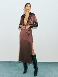 Reformation Aida Silk Skirt in Cafe ~ silky brown side slit pencil skirts ~ luxe fashion