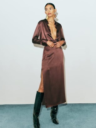 Reformation Aida Silk Skirt in Cafe ~ silky brown side slit pencil skirts ~ luxe fashion - flipped