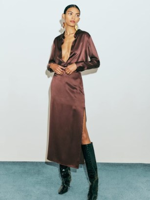 Reformation Aida Silk Skirt in Cafe ~ silky brown side slit pencil skirts ~ luxe fashion