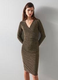 L.K. BENNETT Alex Gold Glitter Jersey Wrap Dress ~ metallic fibre evening dresses ~ sparkling lurex occasion fashion