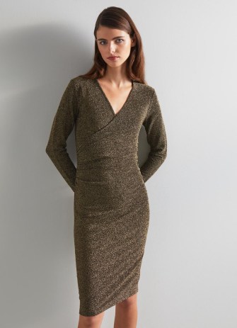 L.K. BENNETT Alex Gold Glitter Jersey Wrap Dress ~ metallic fibre evening dresses ~ sparkling lurex occasion fashion - flipped
