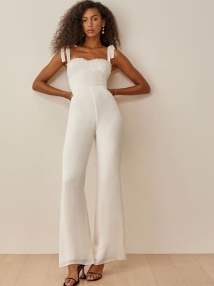 Reformation Alfred Jumpsuit in Gossamer ~ white tie shoulder strap jumpsuits ~ fitted bodice with ruffled sweetheart neckline - flipped