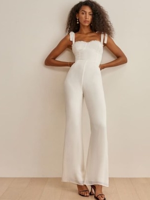Reformation Alfred Jumpsuit in Gossamer ~ white tie shoulder strap jumpsuits ~ fitted bodice with ruffled sweetheart neckline