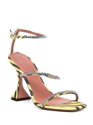 Amina Muaddi Gilda 80mm zebra-print sandals in lemon yellow – sculptural flared heels – animal print barely there ankle strap shoes – glamorous strappy crystal embellished evening footwear - flipped