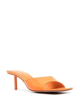 Amina Muaddi Laura 65mm patent-leather sandals in geranium orange / square open toe mules - flipped