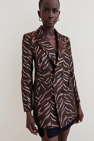 KAREN MILLEN Animal Jacquard Tailored Double Breasted Jacket ~ women’s brown longline evening occasion jackets - flipped
