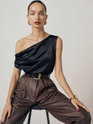 Reformation Annika Silk Top in Black – silky gathered one shoulder evening tops – asymmetric fashion - flipped