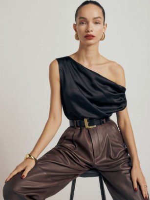 Reformation Annika Silk Top in Black – silky gathered one shoulder evening tops – asymmetric fashion