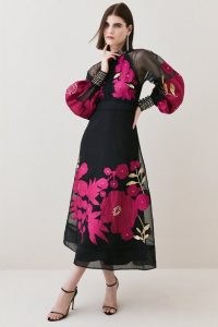 KAREN MILLEN Applique Organdie Buttoned Woven Maxi in Berry ~ floral balloon sleeved occasion dresses ~ sheer overlay