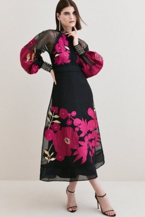 KAREN MILLEN Applique Organdie Buttoned Woven Maxi in Berry ~ floral balloon sleeved occasion dresses ~ sheer overlay - flipped
