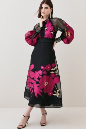 KAREN MILLEN Applique Organdie Buttoned Woven Maxi in Berry ~ floral balloon sleeved occasion dresses ~ sheer overlay