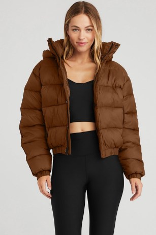 Alo Yoga ASPEN LOVE PUFFER JACKET Cinnamon Brown ~ hooded winter jackets ~ women’s padded outerwear - flipped