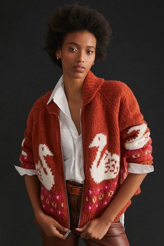 Maeve Zip-Front Cardigan in Red | women’s swan patterned cardigans | women’s cute knits - flipped
