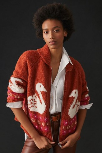 Maeve Zip-Front Cardigan in Red | women’s swan patterned cardigans | women’s cute knits