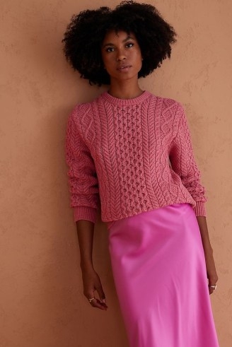 Baye Aran Crew Neck Jumper in Pink | women’s cable knit jumpers - flipped