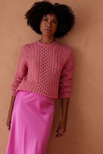 Baye Aran Crew Neck Jumper in Pink | women’s cable knit jumpers