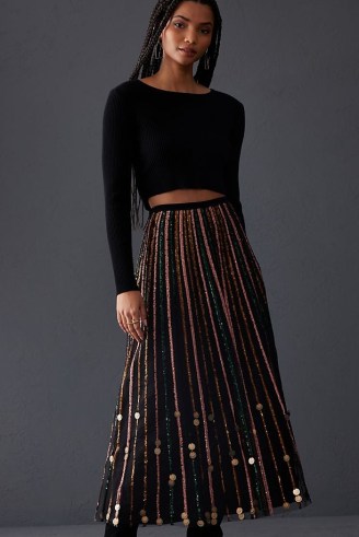 Geisha Designs Sequin Tulle Skirt in Black / striped sequinned sheer overlay occasion skirts - flipped