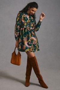By Anthropologie Mini Tunic Dress Green Motif / long sleeved floral dresses / chic boho inspired fashion