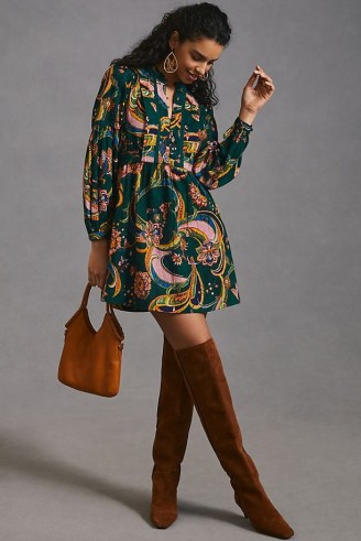 By Anthropologie Mini Tunic Dress Green Motif / long sleeved floral dresses / chic boho inspired fashion